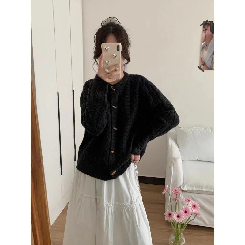 Eck Schnallen Design Pullover Jacke Damen Neu Locker und Lässig Zopfmuster Gestrickte Strickjacke Außenbekleidung