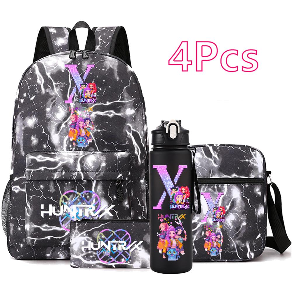 4 Stück/Set Cartoon Anime Aufdruck Rucksack Große Kapazität Schultasche Umhängetasche Tasche mit 750ml Wasserflaschenhalter Junge Mädchen Schultasche