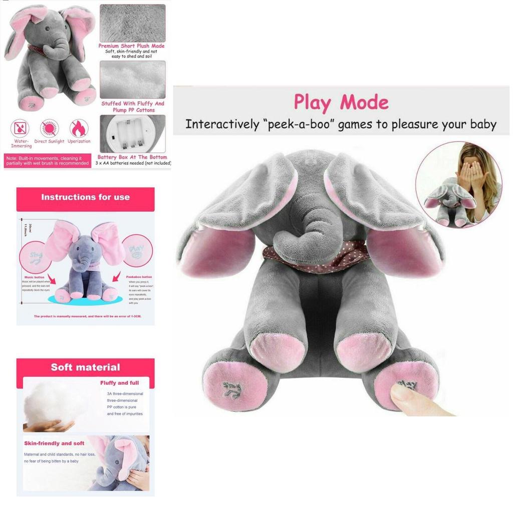 Adorable Peek-a-boo Elephant Singing Baby Plush Toy For Kids In Pink And Gray