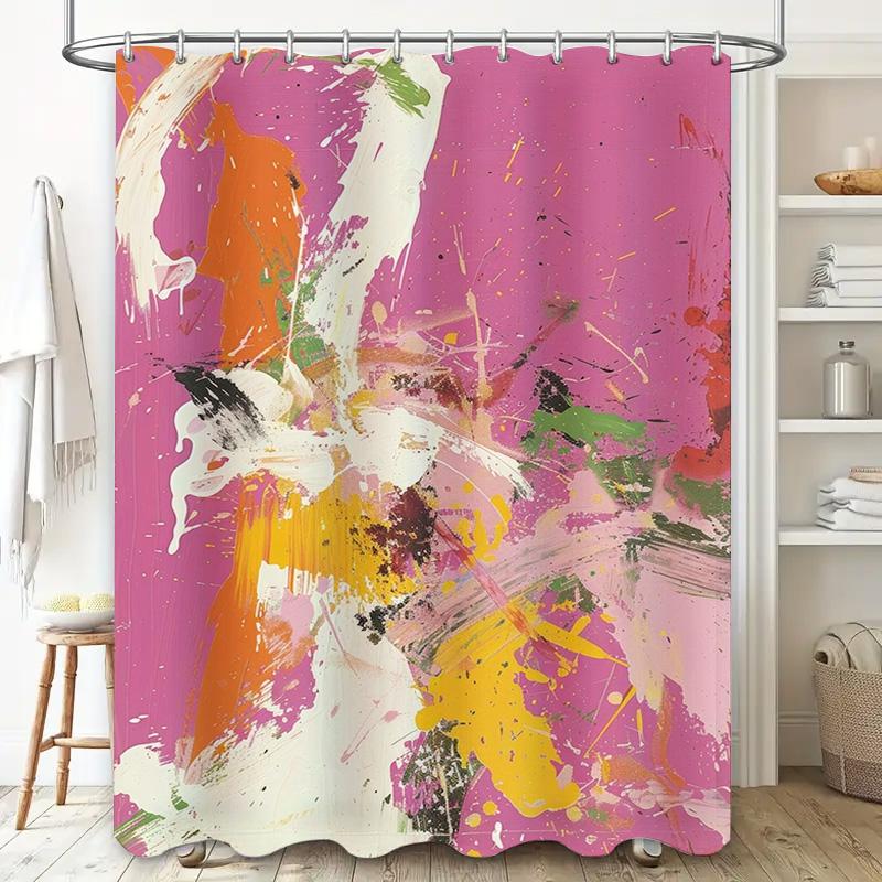 Fashionable Bath Shower Curtain Print Decor For Home Bathroom Decoration Pink Abstract Art With Orange Yellow Green Splashes, Po