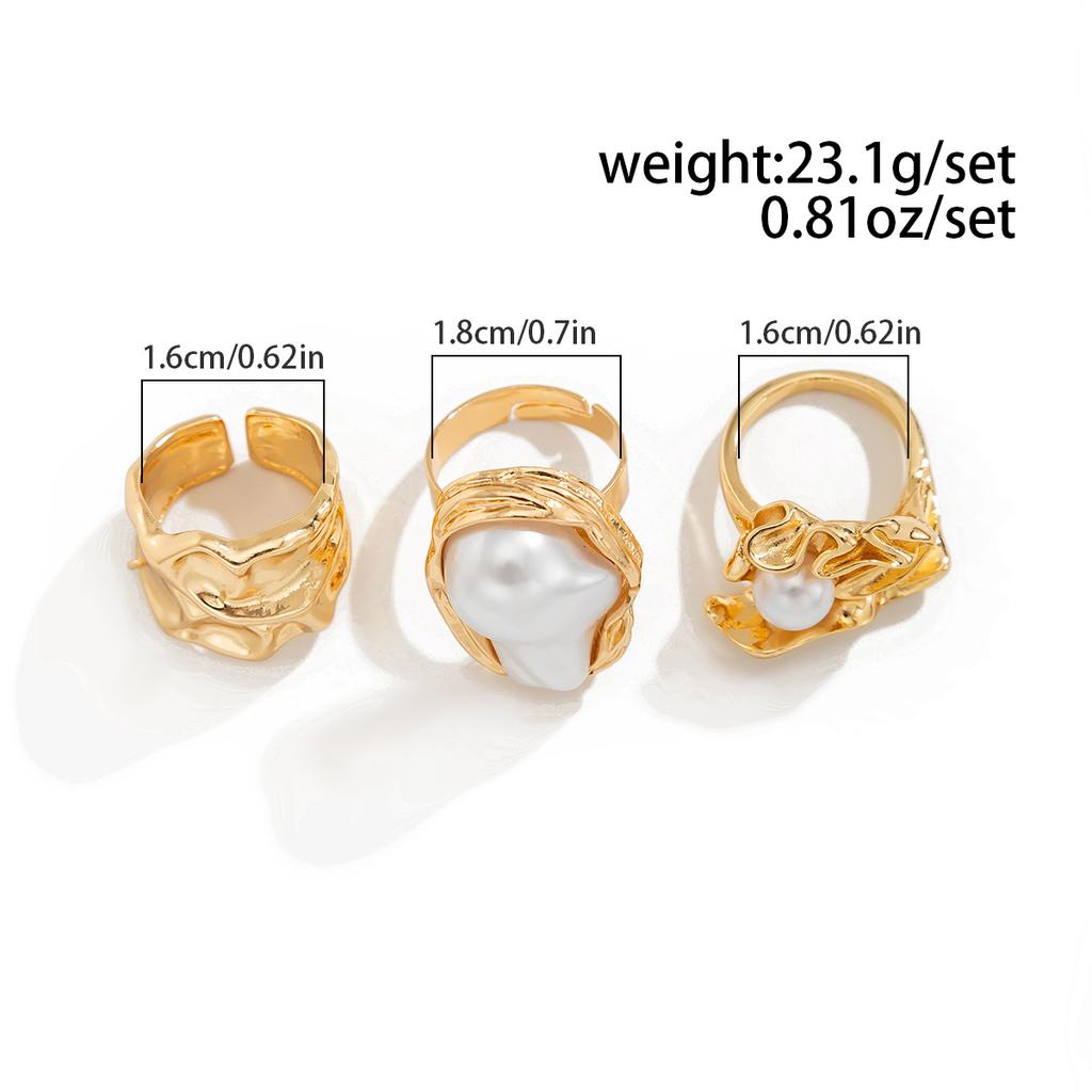 3Pcs/set Gold Color Irregular Pearl Open Rings Set for Women Exaggerated Vintage Metal Folds Thick Chunky Ring Jewelry Gifts