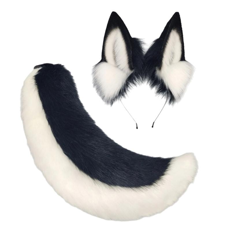 Katzen Kostüm Zubehör Kunstpelz Fuchsschwanz und Ohren Stirnband Set Tier Halloween Cosplay Kostüm für Damen Herren Geschenke