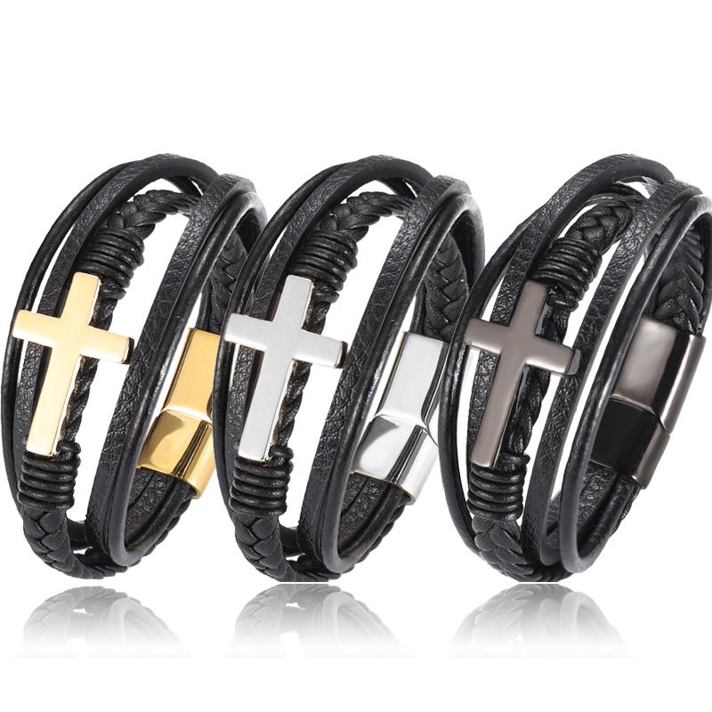 Boho Personalized Men's Family Name Bracelet Black Cross Woven Leather With Stainless Steel Charm Bracelet Custom Name Jewelry