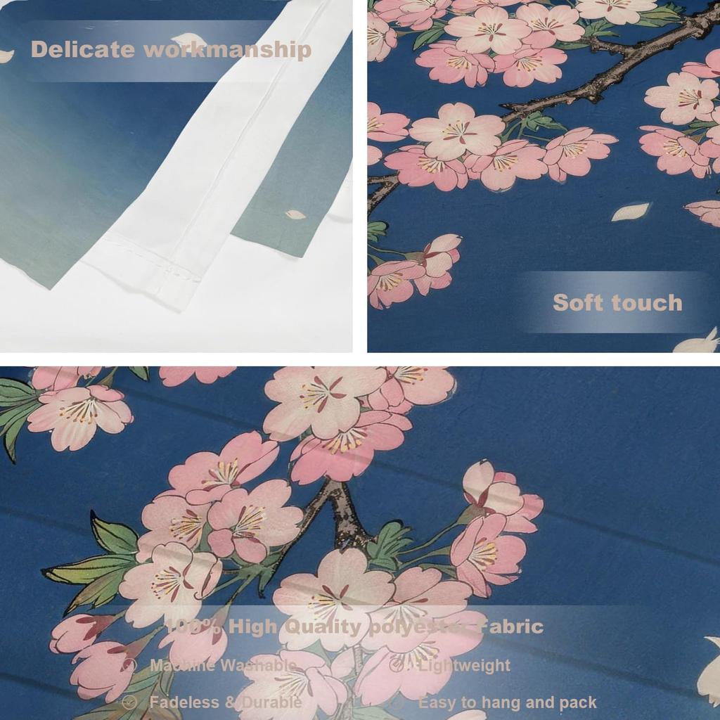 Retro Japanese Cherry Blossom Tapestry, Deep Indigo Flowers Wall Art Hanging Decoration Polyester Fiber White Ruffled Around For