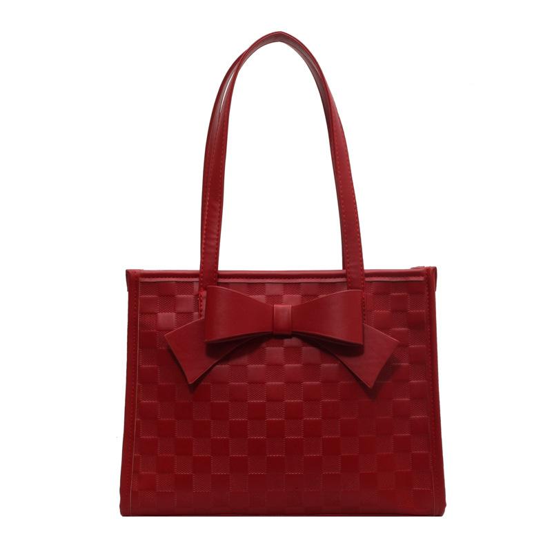 

Red messenger bag, new bow, diamond large-capacity women s bag, New Year s checkerboard, bride bag, wedding armpit.