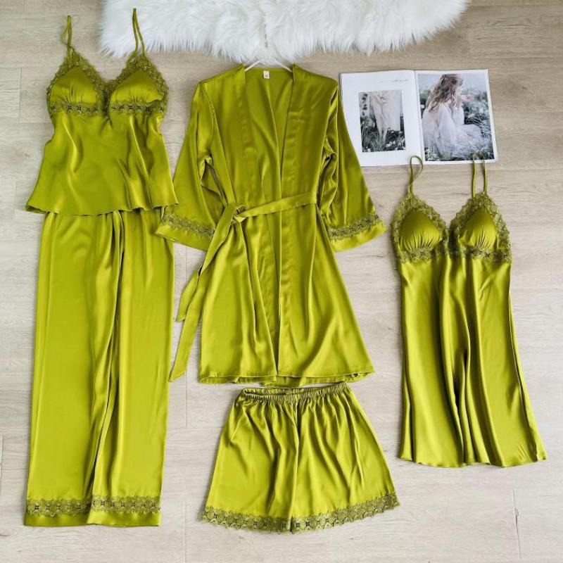 5-częściowy zestaw piżamowy Piżamy Wiosna i Jesień Nowy Styl Damskie Piżamy Długi Rękaw Odzież Domowa Koronka Satyna Odzież Domowa Bielizna