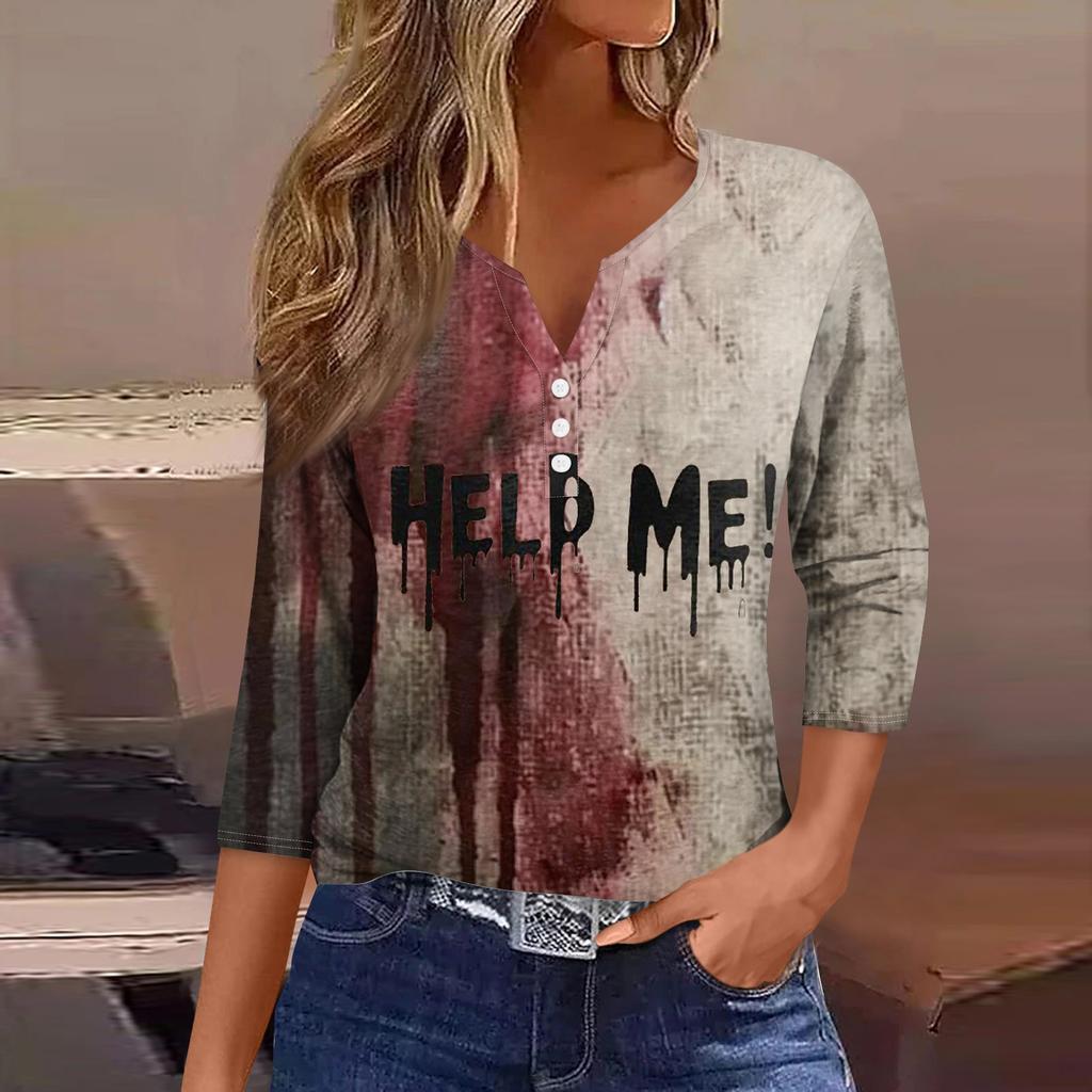 Damenmode Lässig Halloween Bedruckt V-Ausschnitt Kurzarm Dekorativer Knopf Dreiviertelarm T-Shirt Tor
