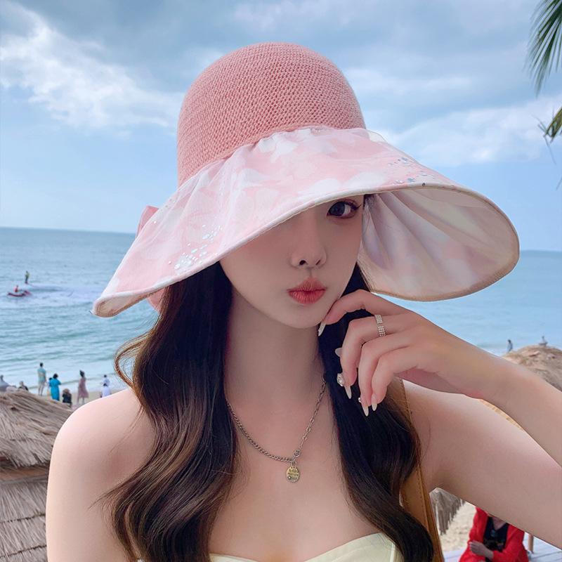 Hat Women's Colored Glue Sun Protection Sun Hat Temperament Bow Lace Yarn Bucket Hat Mesh Breathable Sun Hat