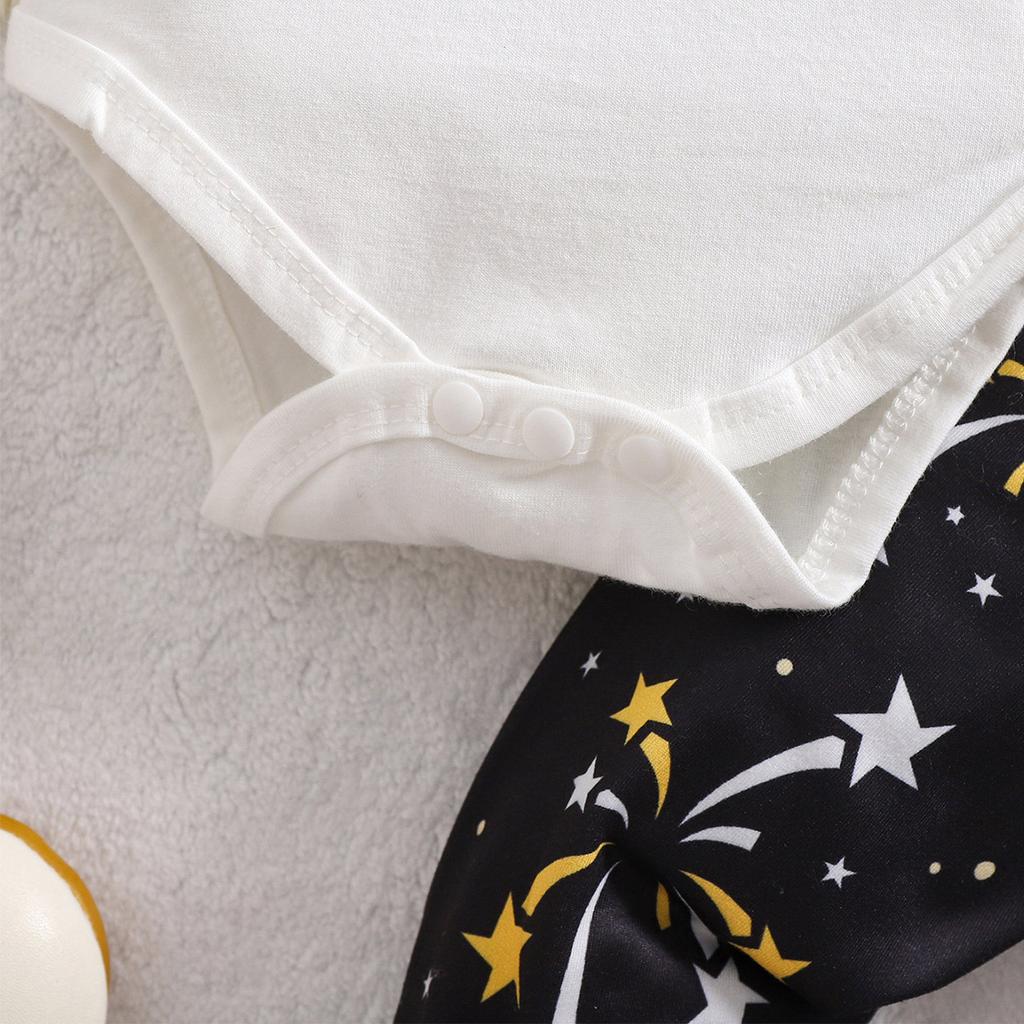 Baby Girl "Happy New Year" Print Cotton Bodysuit Fireworks Print Pants With Headband Outfit Set
