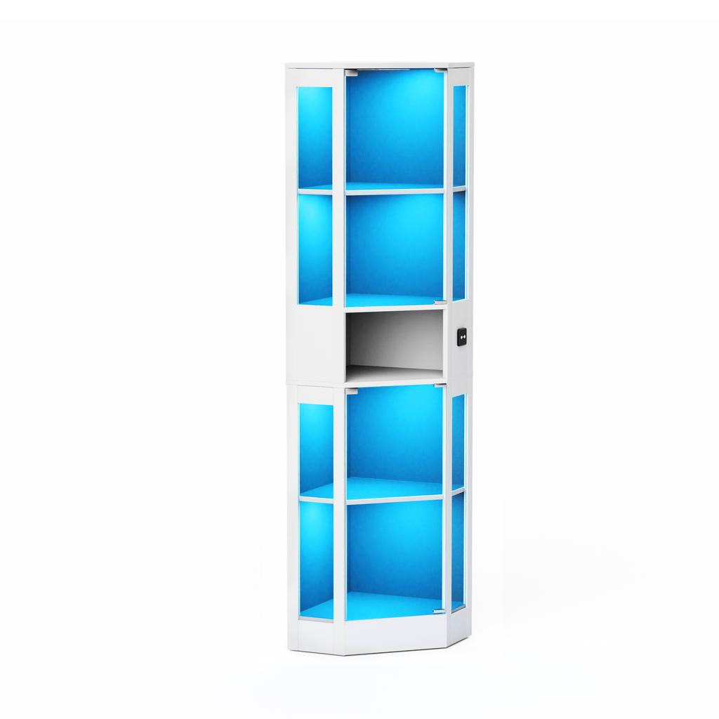 Vetrina in vetro a cinque ripiani con spazio contenitore, illuminazione a LED, ante in vetro e sensori intelligenti. Adatto per soggiorno, camera da letto e uffici. Bianco.