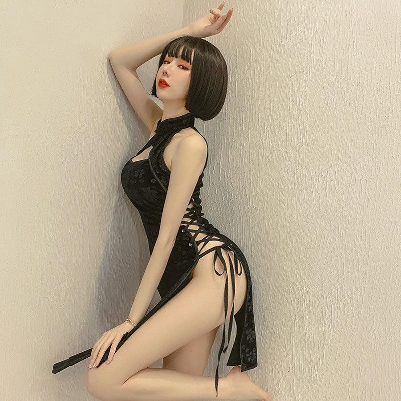 Chinese Traditional Dress Women Sexy Lingerie Bandage Temptation Clothing China Style Side Slit Hollow Cheongsam Qipao