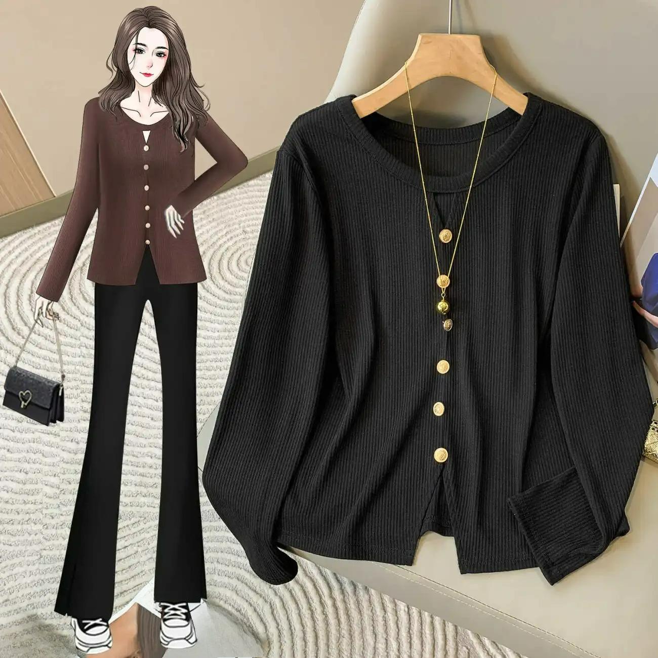 

Женская футболка больших размеров с вырезами и длинными рукавами, с легким ароматом, осенний топ, скрывающий недостатки фигуры и стройнящий, с нижней майкой M чёрный