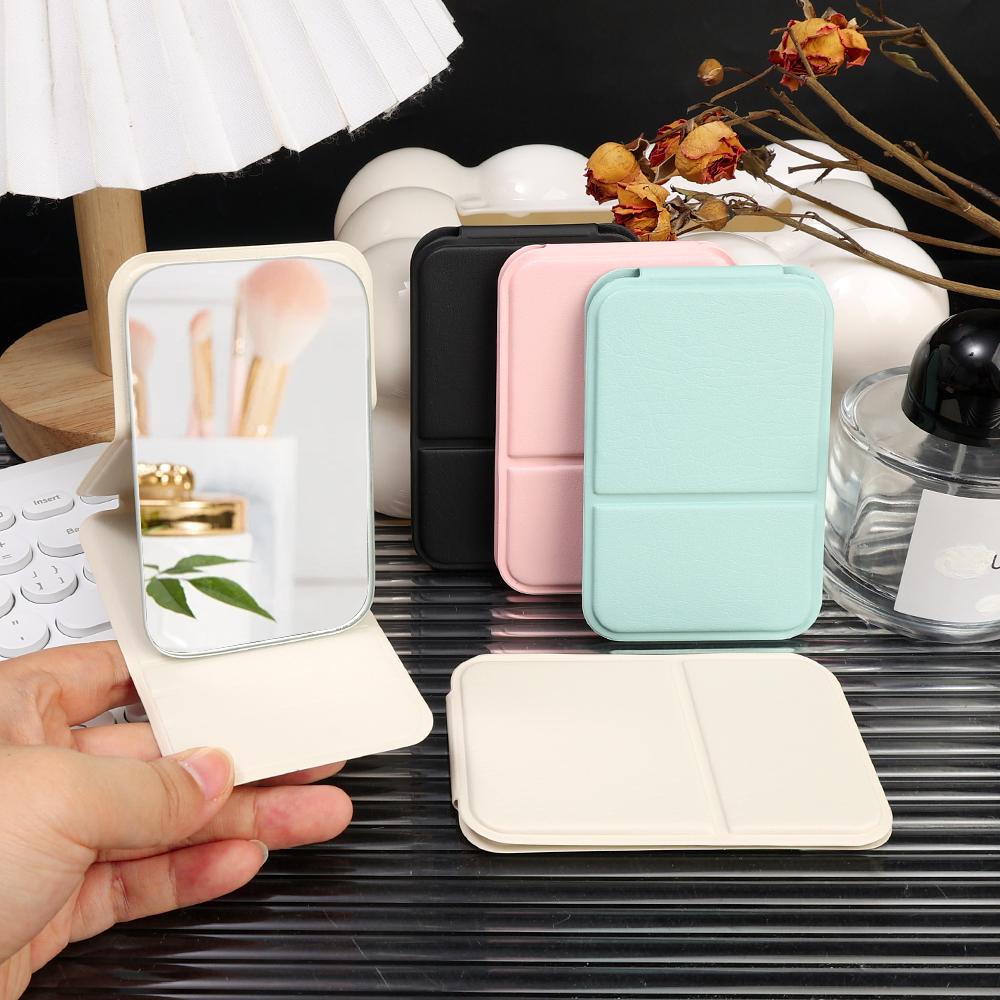 1PC Mini Folding Makeup Mirror Solid Color PU Leather Simple Portable Handheld Desktop Makeup Mirror High Definition Vanity Tool