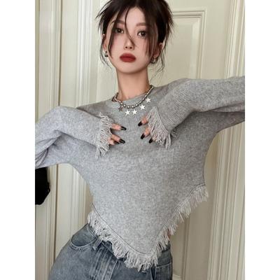 Camiseta Estilo Coreano Mujer Camisa de Punto de Manga Larga Borla Y2k Vintage Camisetas Tops Streetwear Camisetas E Girl Crop Tops