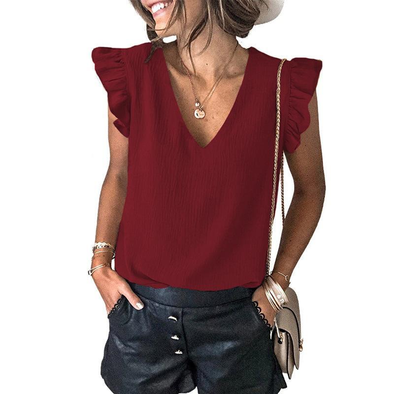 Women European Casual Solid V Neck Sleeveless Ruffle Pullover T Shirt Top