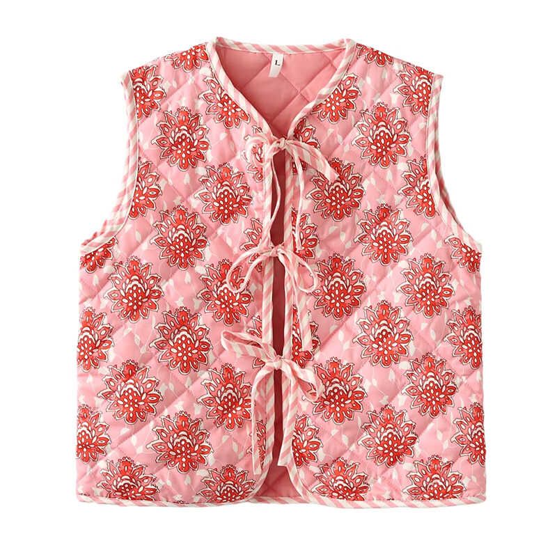 

Chinese Style Flower Print French Style Personality Street Bows Sleeveless Tank Top Flower Cotton-Padded Waistcoat Small Coat Watermelon Red Guofeng Print vest S