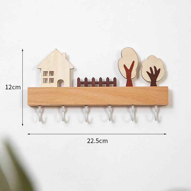 Cute Cartoon Key Holder Wall Mounted No Drill Wooden Hook Entryway Key Storage Rack Decor