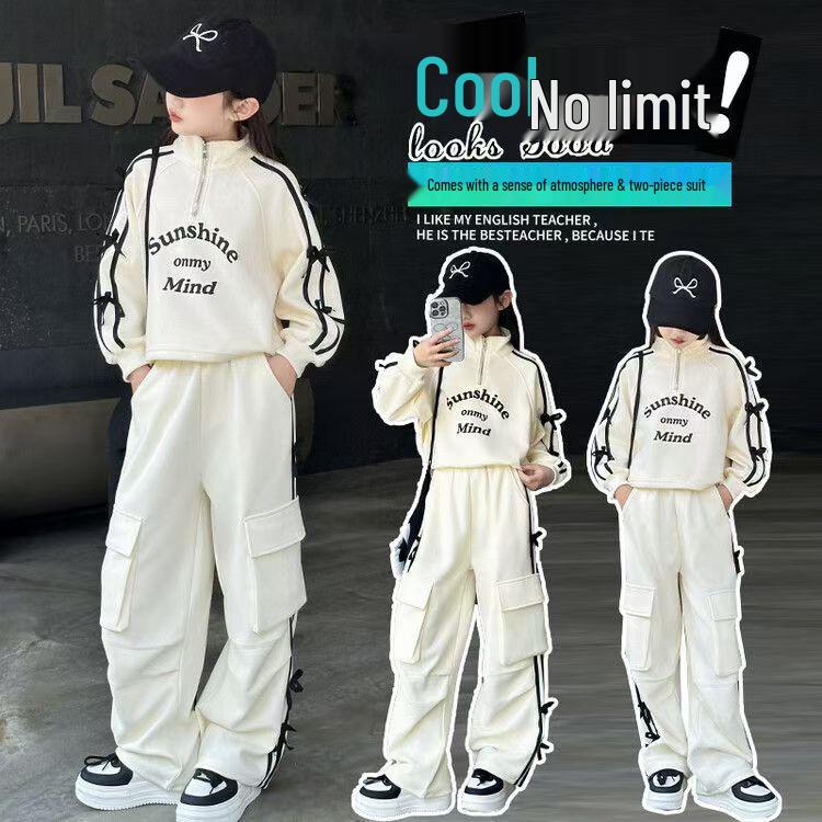 Girls' Korean-Style Sports Suits: Fashionable Spring & Autumn Letter Sweatshirts with Overalls for Kids (Two-Piece Set)