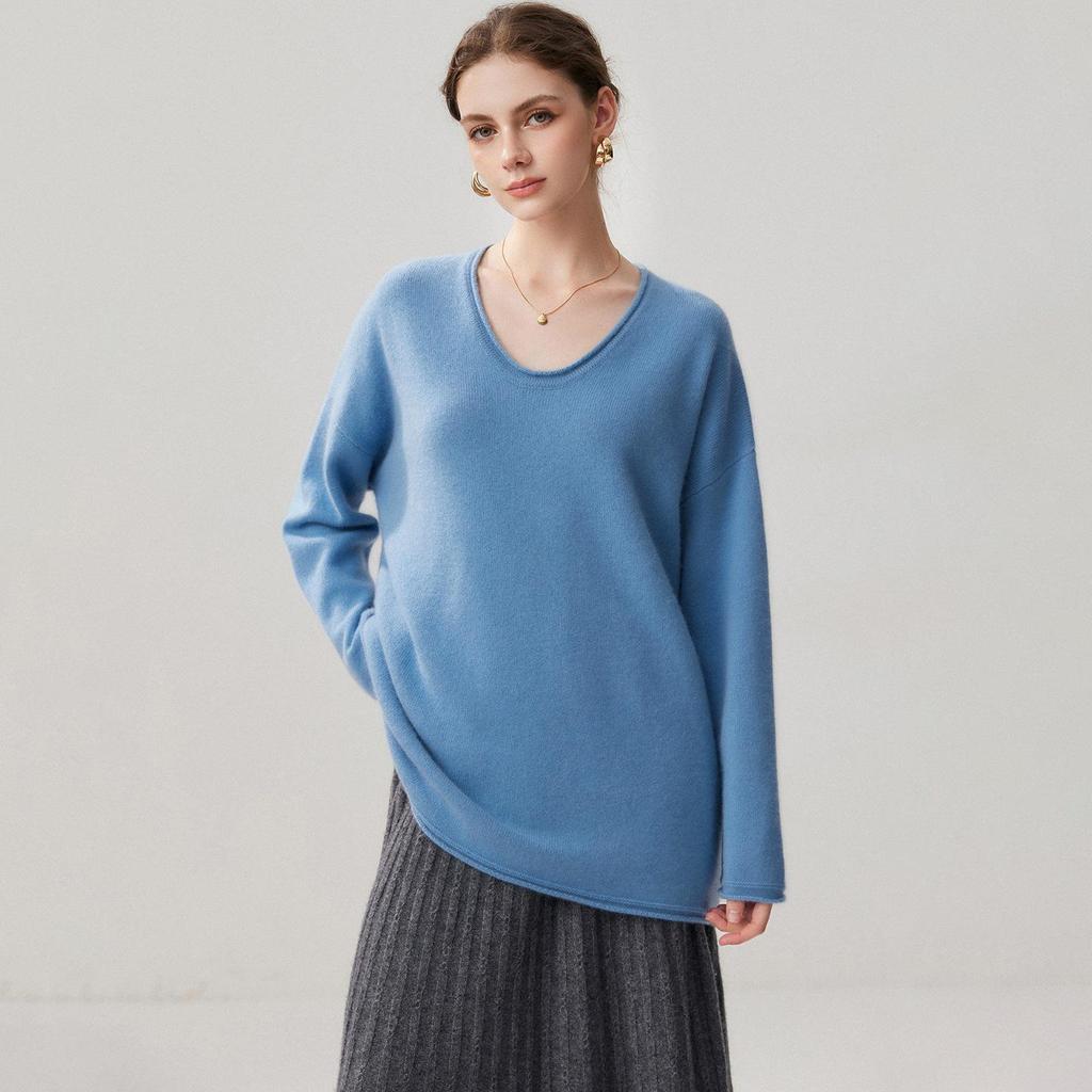 Women's U-neck Cashmere Mid-length Sweater - Fashionable, Loose, Versatile Autumn & Winter Knit Base Layer