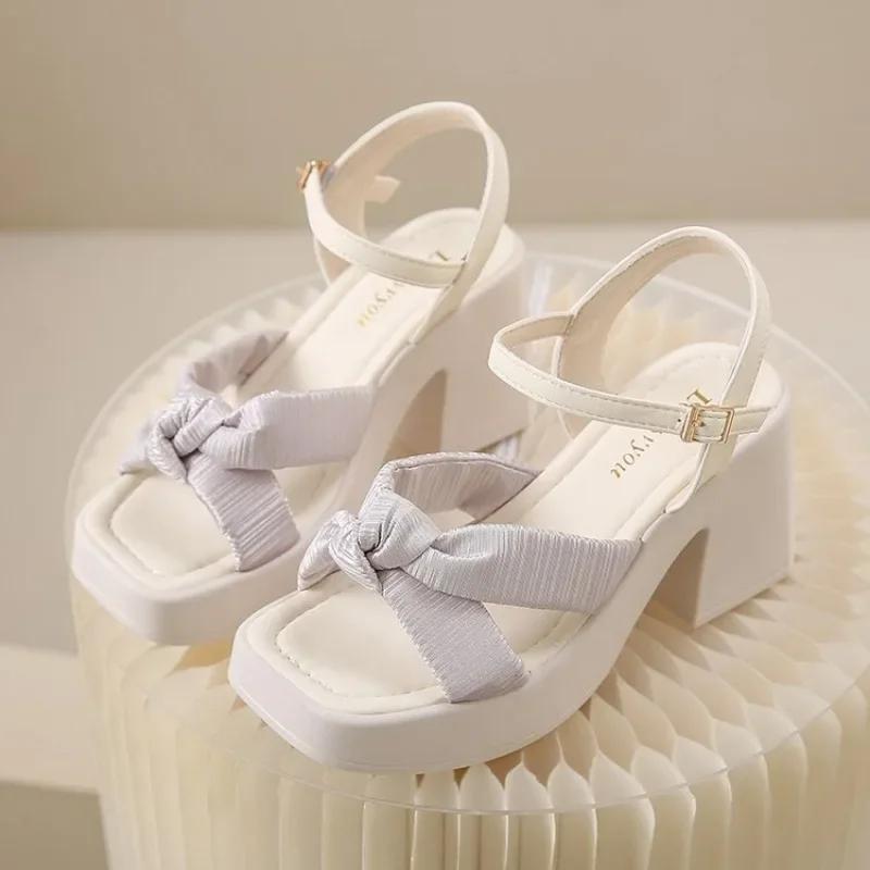 Moda 2024 Nowa Moda Lato Odkryty Okrągły Nosek Dolna Klamra Płytka Cholewka Casual Gruby Wysoki Obcas Duże Damskie Sandały 35-41