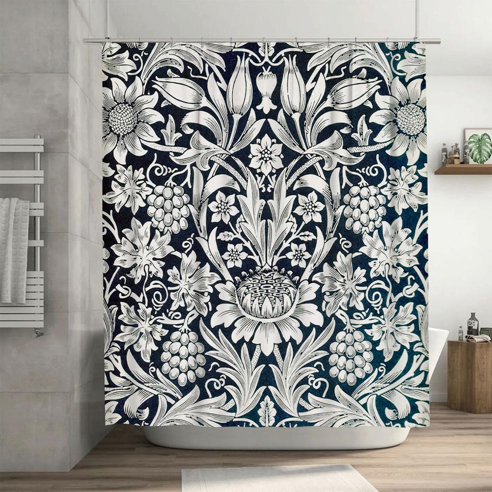 Vintage Floral Shower Curtain with Soft Waterfall Effect for Bathroom Decor Navy White Elegant Print, Durable Waterproof Fabri