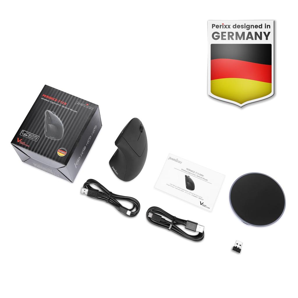 Perixx Wireless Rechargeable Ergonomic Mouse with Dual Wired and Wireless Charging Charging Pad Black PERIMICE-713RX - Included,