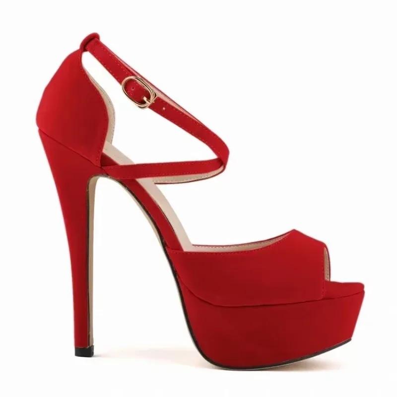 Women Pumps Stilettos Sexy 14cm Fashion Peep Toe High Heels Platform Ankle Strap Sandals Red Bridal Wedding Shoes Large Size 44
