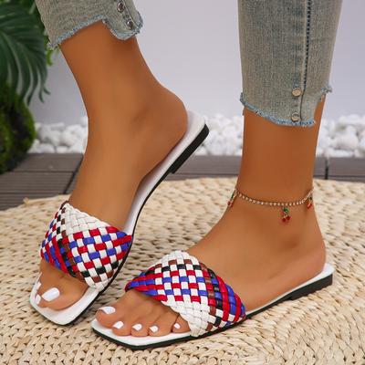 Plus Size Shoes for Women Open Toe Women's Slippers Outdoor Beach Slippers Women Mixed Colors Weave Square Toe Flats Sandal