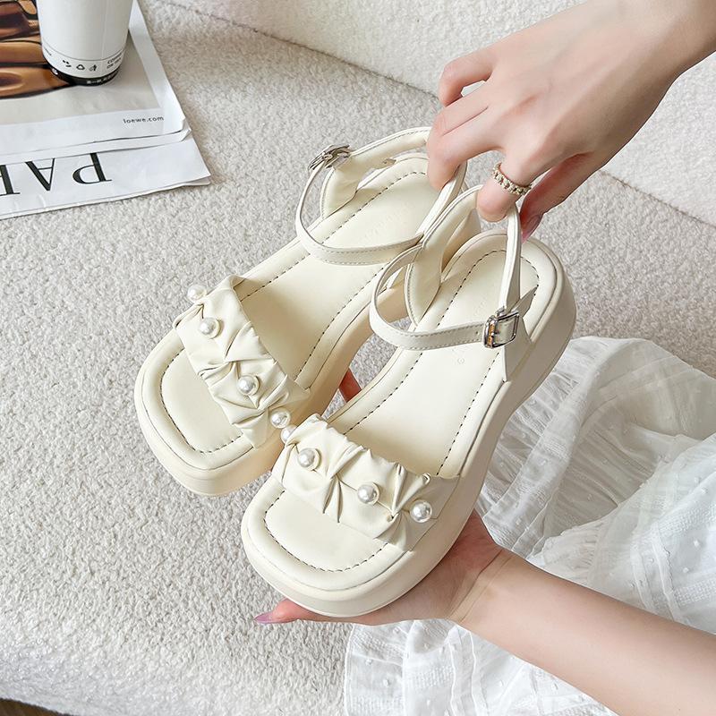 

New retro one-word with pearl women s sandals, summer wear thick-soled high-heeled cool slippers women 37