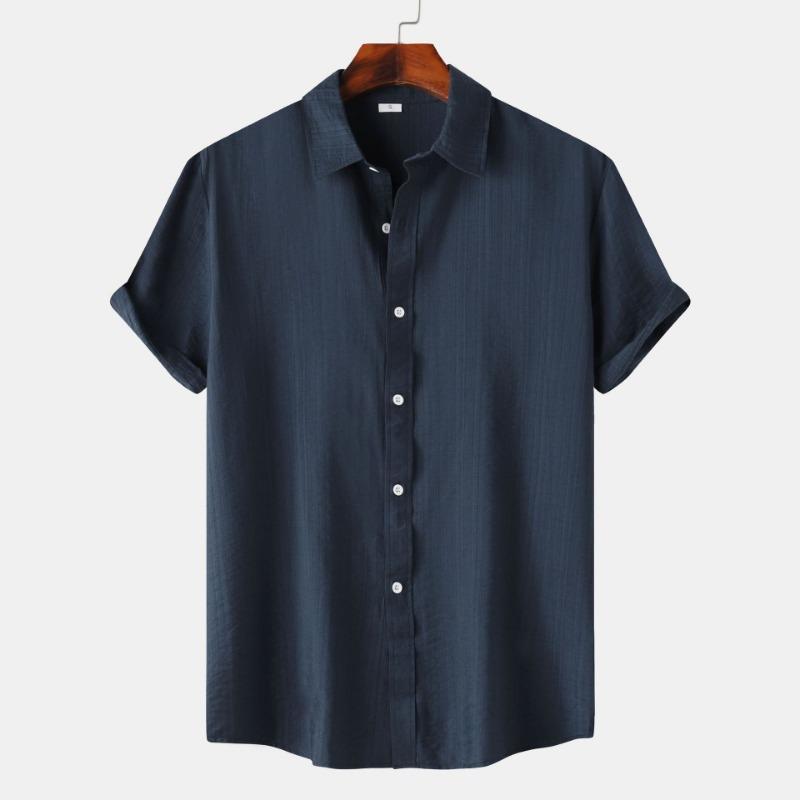 Men Solid Color Linen Short Sleeve Shirt Loose Casual Summer Button Up Top