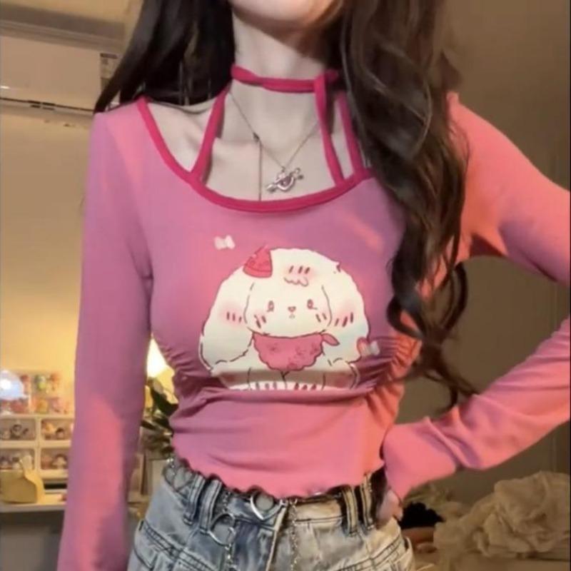 2KWEIRD Sweet Cartoon Print Pleated T-shirt Y2k Aesthetic Asymmetry Fairy Grunge Tshirt Vintage Patchwork Halter Top Harajuku Streetwear