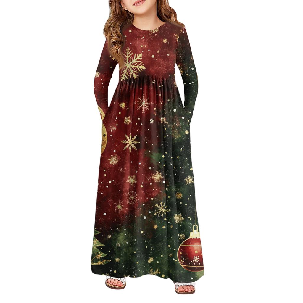 Girls' Maxi Dress - Long Sleeve Pocket Dress Christmas Day