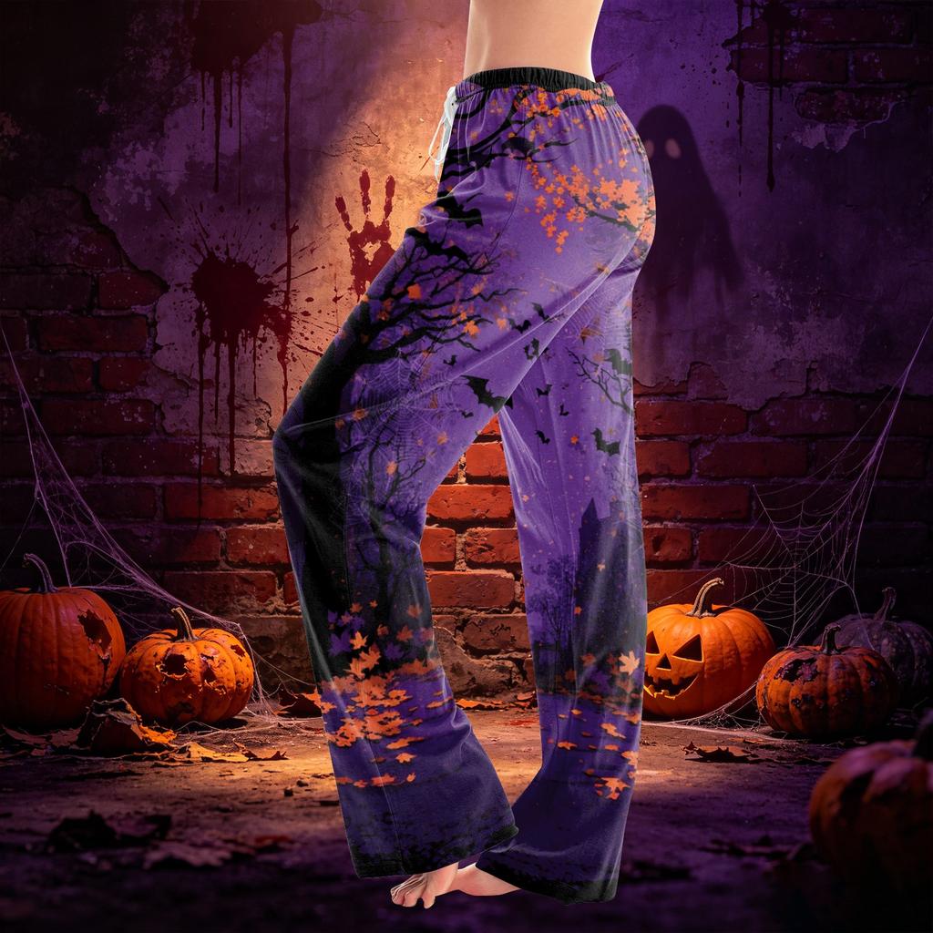 Women's Halloween Print Drawstring Casual Pants with Elastic Waist