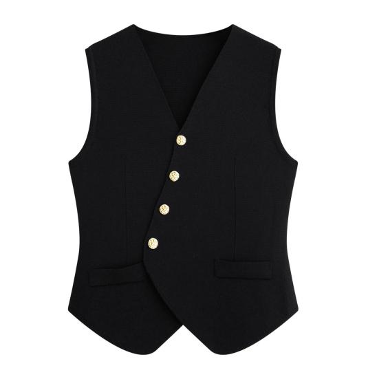 

Женский пиджак без рукавов, жилет, нарядный костюм, жилет с V-образным вырезом, застегивающийся на пуговицы, асимметричный подол, деловой рабочий наряд чёрный