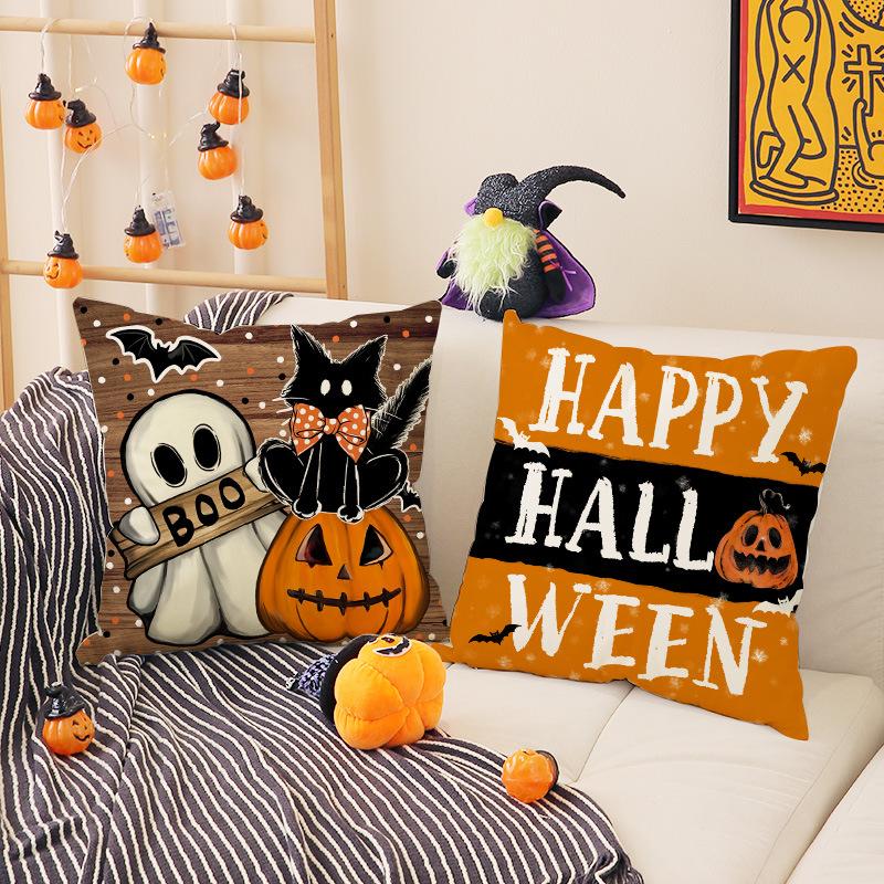 New Halloween Throw Pillow Cover, Festive Atmosphere Arrangement Cushion Cover, Short Plush Pumpkin Print Sofa Cushion