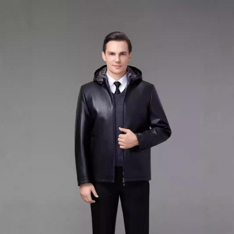 Herbst- und Winterpelz All-in-One Herren Lammfell Lederjacke Lammwolle Mittelalter Kapuzenpelzmantel dick