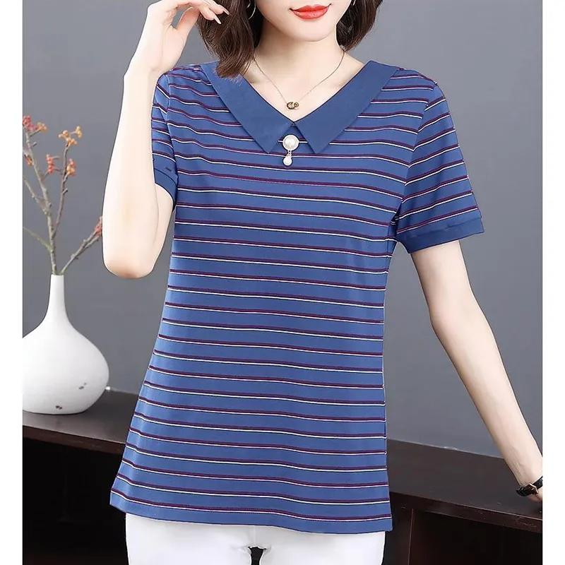 

Women s Navy Blue Striped Polo Shirt V-Neck Short Sleeve Button Detail Casual Top L синій