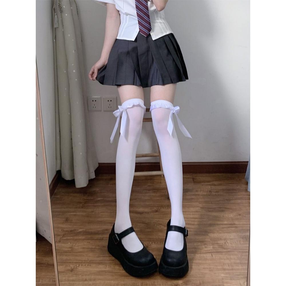 Lace Bow Over Knee Sweet Girl Pure Desire Wind Xiaohongshu Satin Lace Tall Socks Butterfly Ribbon