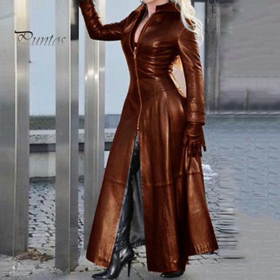 Trendy Women Faux Leather Jacket Zipper Closure Slim Fit Stylish Zip Coat Elegant Trench with Stand Collar for Autumn Winter