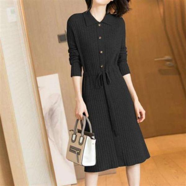 Spring Autumn Lapel Knit Dress Women's Long Loose Tie Sweater Dresses