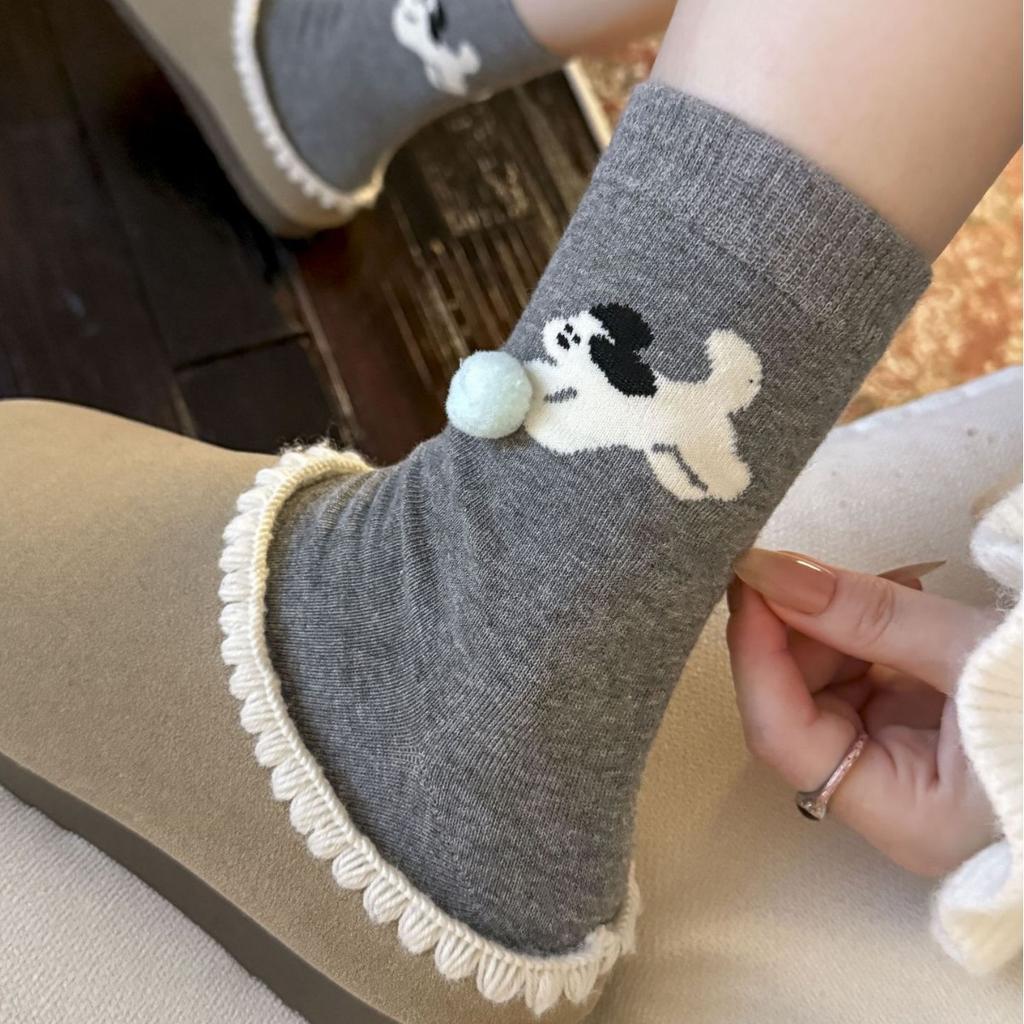 Socks, Medium Tube, Spring And Autumn Hairballs, Cartoon Dog Boneless Socks, Sweat-Absorbing, Breathable, Simple And Versatile, Cute Cotton Socks
