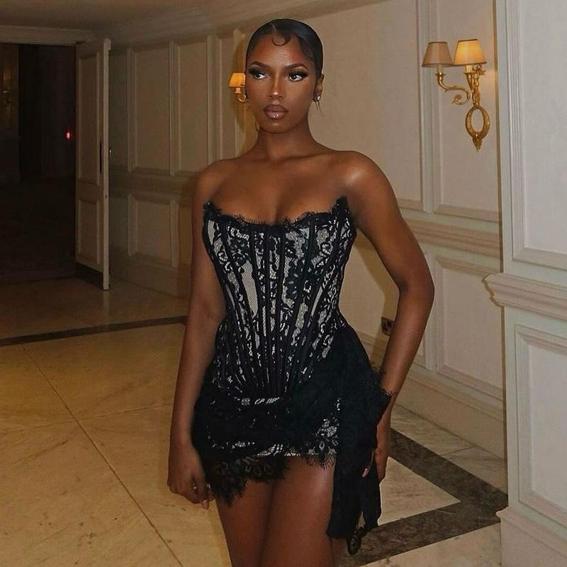 Sexy Wedding Party Dress Women Elegant Lace High Waist Bandage Bodycon Mini Dress Strapless Slim Corset Evening Dress
