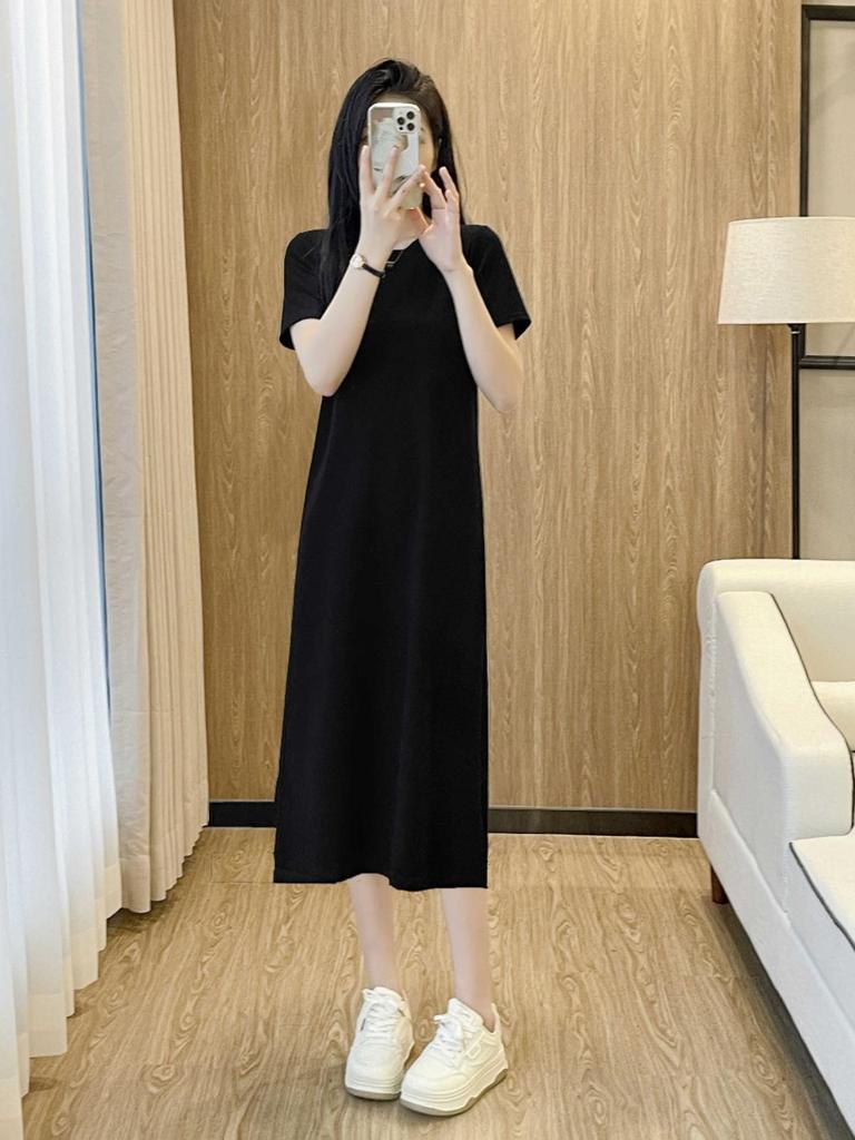 Hepburn Style Black Summer Short Sleeve T-Shirt Dress with Long Skirt for Women