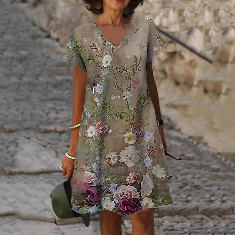 3D Peacock Floral Print Dresses For Summer Women Fashion Short Sleeve V-Neck Loose Dress Vintage Oversized Ladies Dress