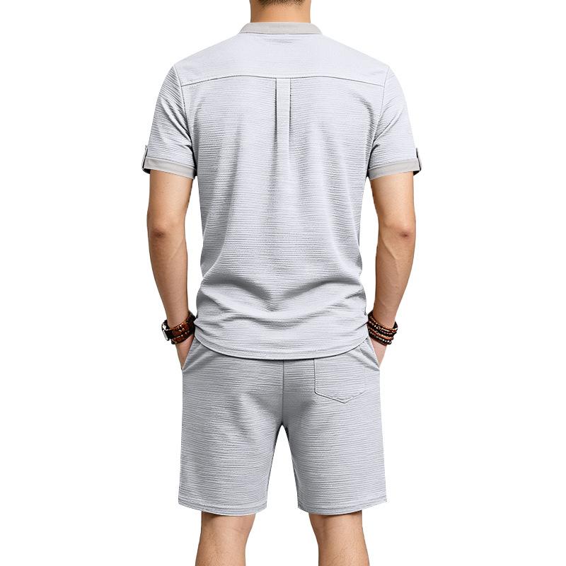 Men's 2-Piece Casual Outfit Henley Neck Short Sleeve T-Shirt Elastic Waist Shorts Set Summer Breathable Textured Tracksuit