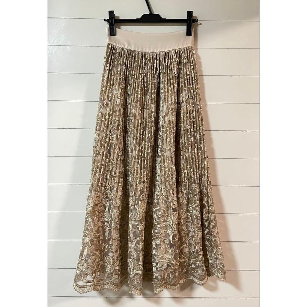 Lily Brown Champagne Gold Lace Embroidery Pleated Skirt