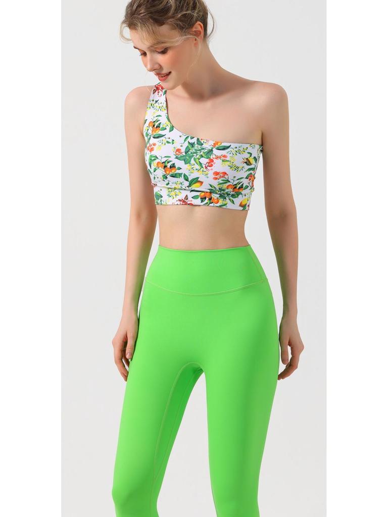 Blumiges Ein-Schulter-Yoga-Weste-Set: Damen Sport-BH & Fitnesshose mit Brustpolstern