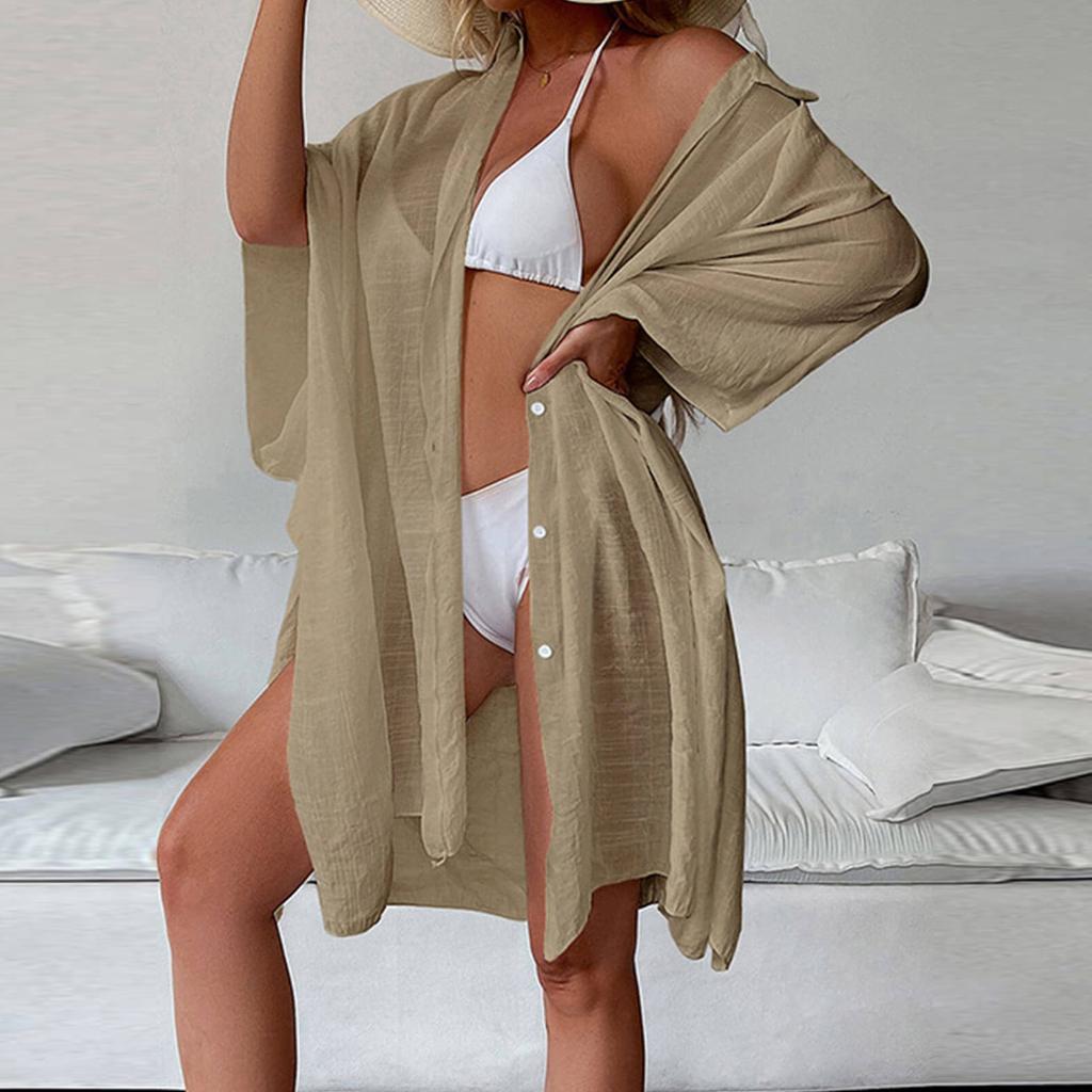 Women's Cotton Shirt Loose Beach Cardigan Holiday Sunscreen Bikini Cover Up Swimsuit Outer Cardigan