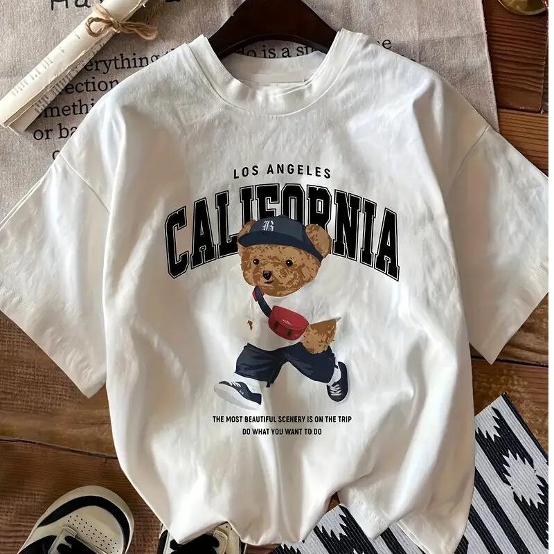 Women's Cute Bear Print 200G Heavyweight Cotton Crew Neck Loose Short Sleeve T-Shirt Casual Summer Top