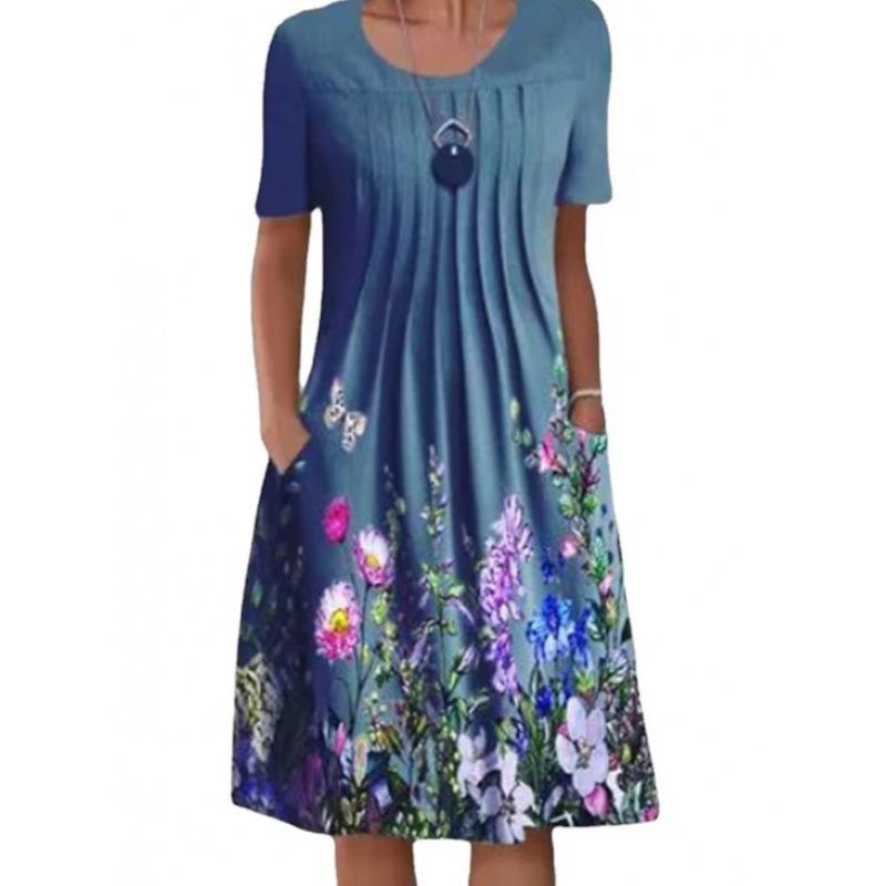 Abiti casual a vita alta con scollo a maniche corte e stampa floreale primavera-estate moda donna